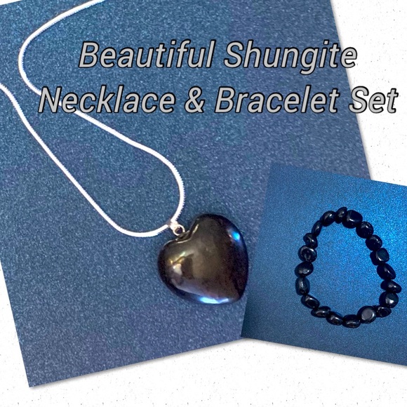 Shungite Necklace & 10mm Bead Stretch Bracelet Set - Picture 1 of 7